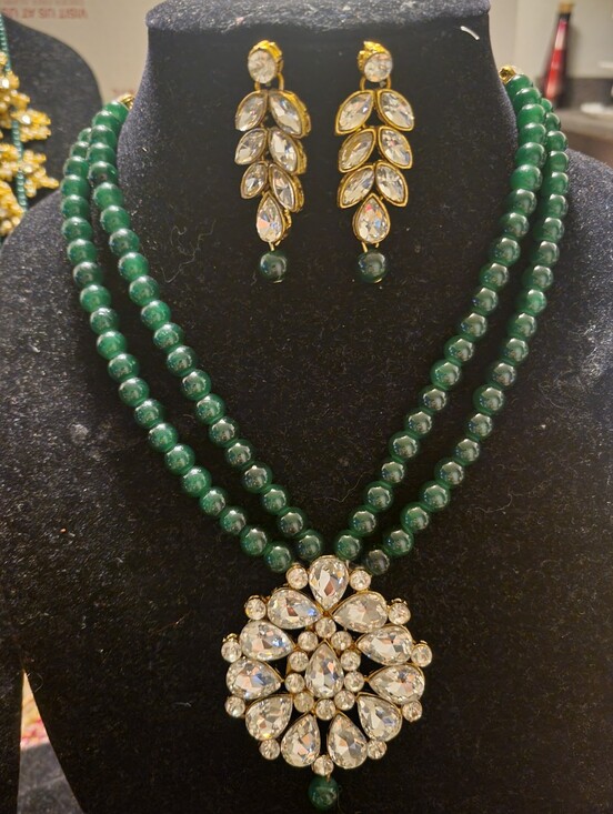 Jewelry - Green Beaded Statement Necklace with Crystal Pendant and Matching Earrings